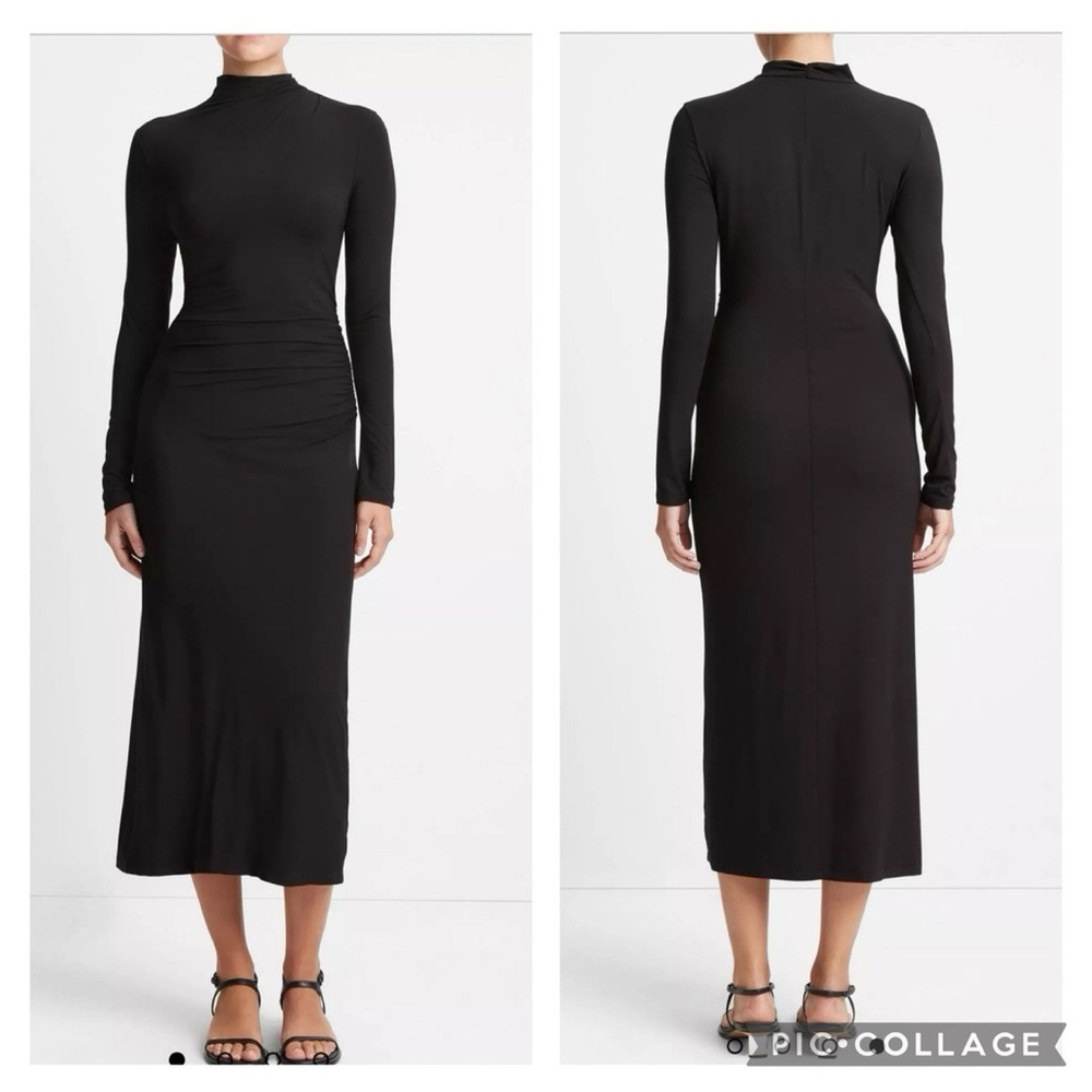 Vince Ruched Long Sleeve Turtleneck Jersey Knit Dress Long Black Womens Size XL